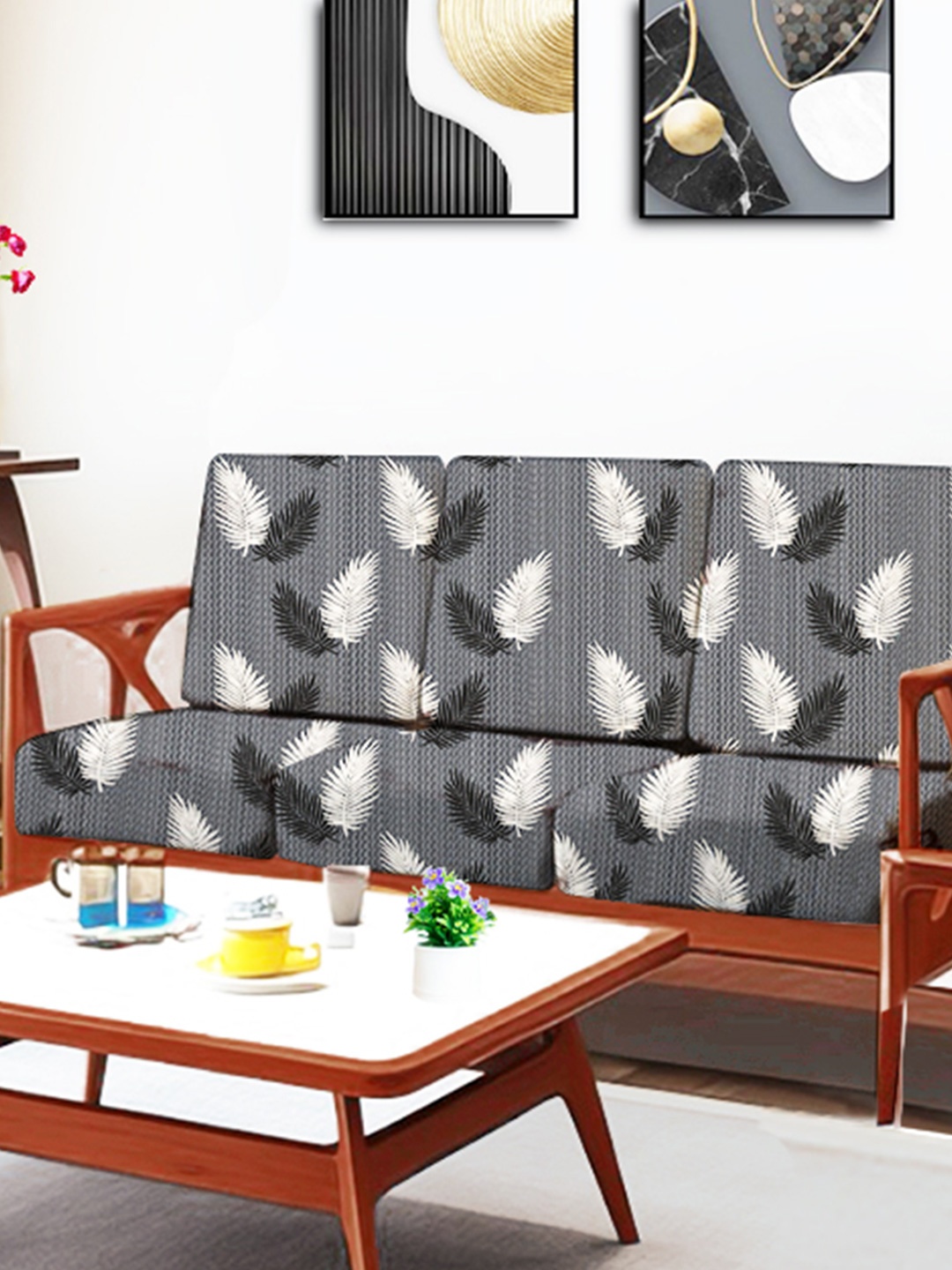 

ohello 6 Pcs Black & White Stretchable Elasticated Printed Polyester Sofa Seat Covers, Grey