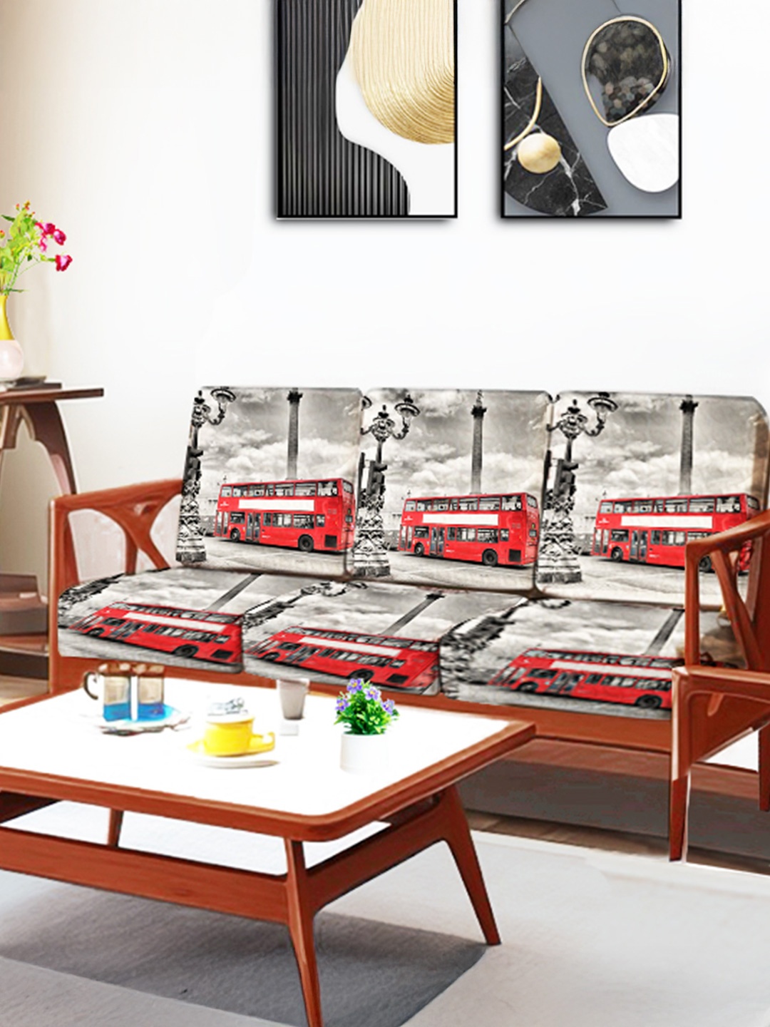 

ohello 6 Pcs Grey & Red Stretchable Elasticated Printed Polyester Sofa Seat Covers