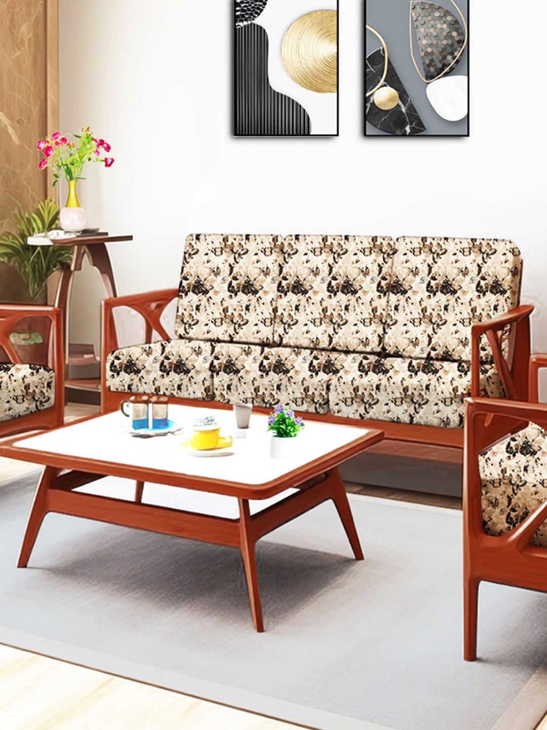 

ohello 10 Pcs Beige & Brown Stretchable Elasticated Printed Polyester Sofa Seat Covers