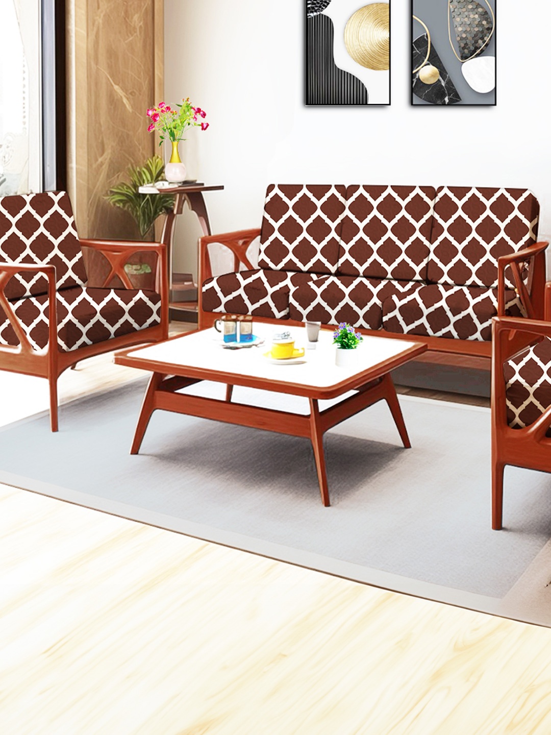

ohello 10 Pcs Brown Stretchable Elasticated Printed Polyester Sofa Seat Covers