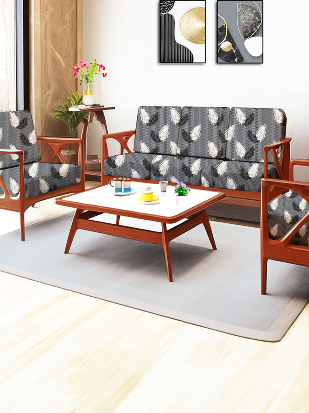 

ohello 10 Pcs Black & White Stretchable Elasticated Printed Polyester Sofa Seat Covers, Grey