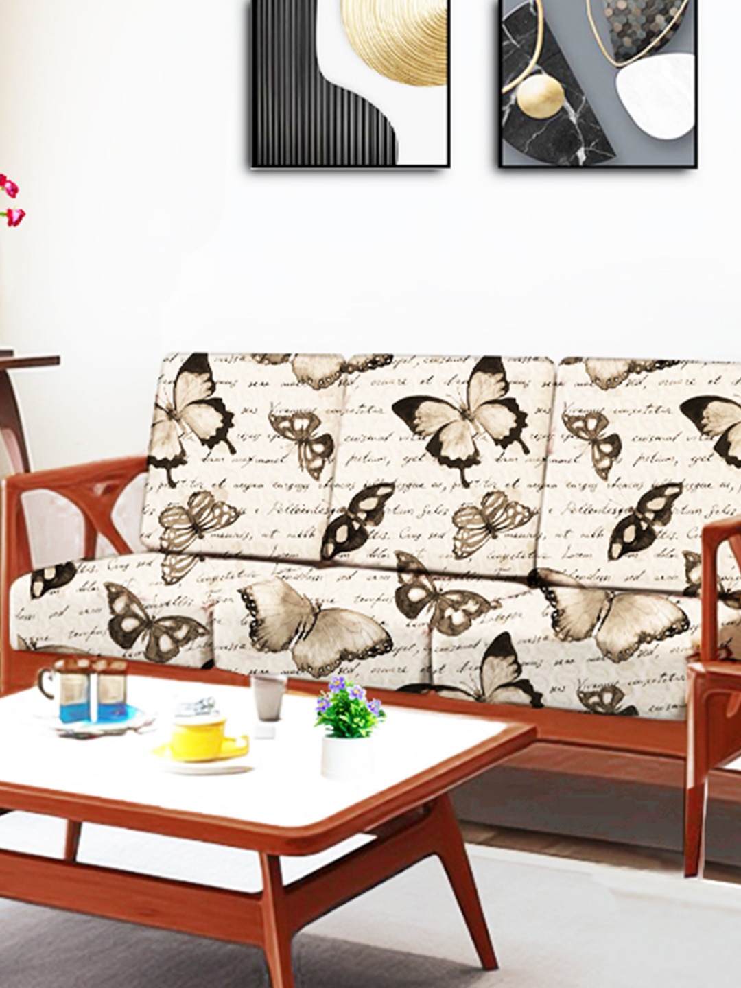 

ohello 6 Pcs Beige & Black Stretchable Elasticated Printed Polyester Sofa Seat Covers