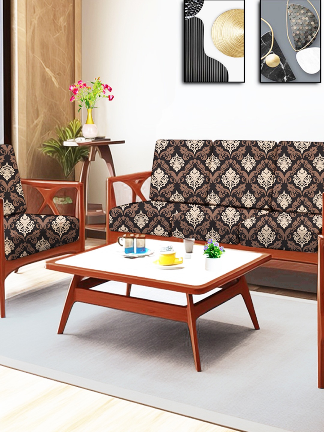 

ohello 10 Pcs Brown & Cream Stretchable Elasticated Printed Polyester Sofa Seat Covers