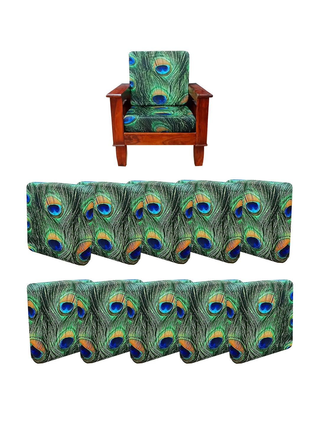 

ohello Blue & Green 10 Pieces Feather Printed Elasticated 5 Seater Sofa Covers