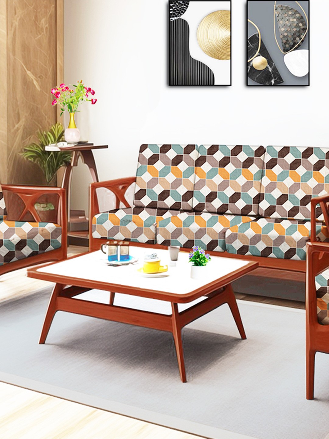 

ohello 10 Pcs Beige & Orange Stretchable Elasticated Printed Polyester Sofa Seat Covers