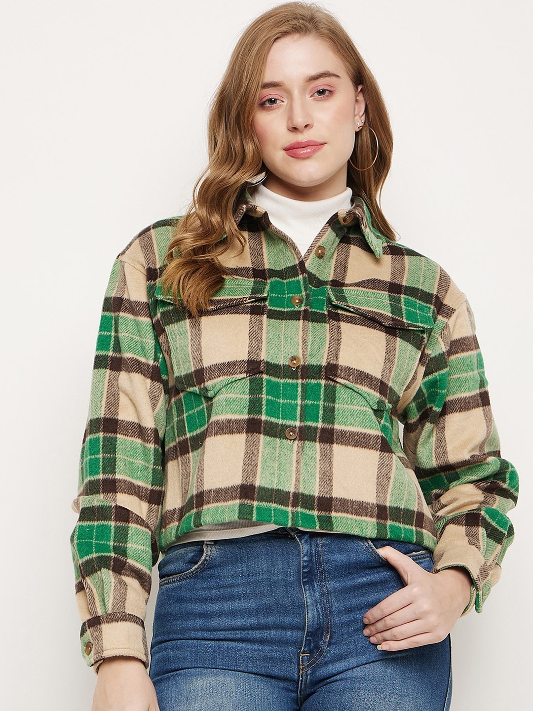 

Madame Checked Long Sleeves Crop Shackets, Green