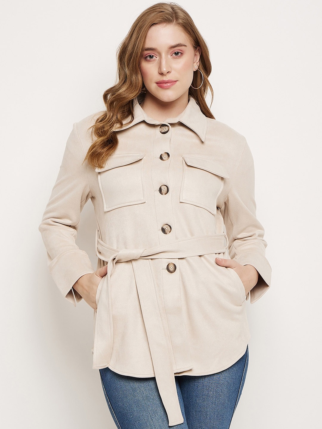

Madame Spread Collar Long Sleeves Tie Up Detail Shackets, Beige