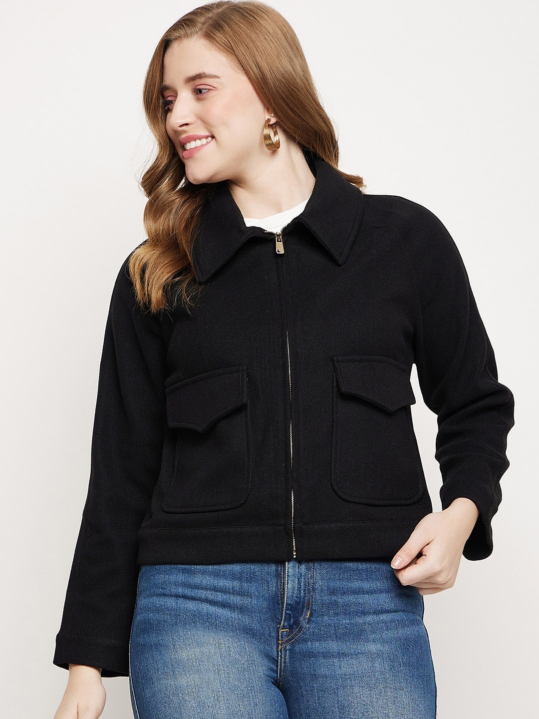 

Madame Spread Collar Cropped Shacket, Black