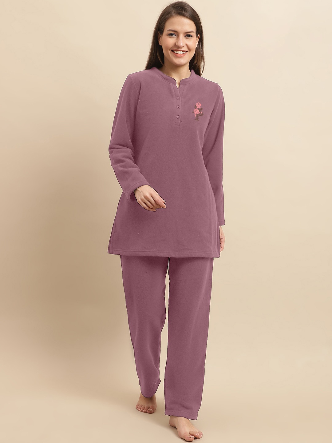 

Aerowarm Floral Printed Mandarin Collar Kurti & Pyjamas, Pink