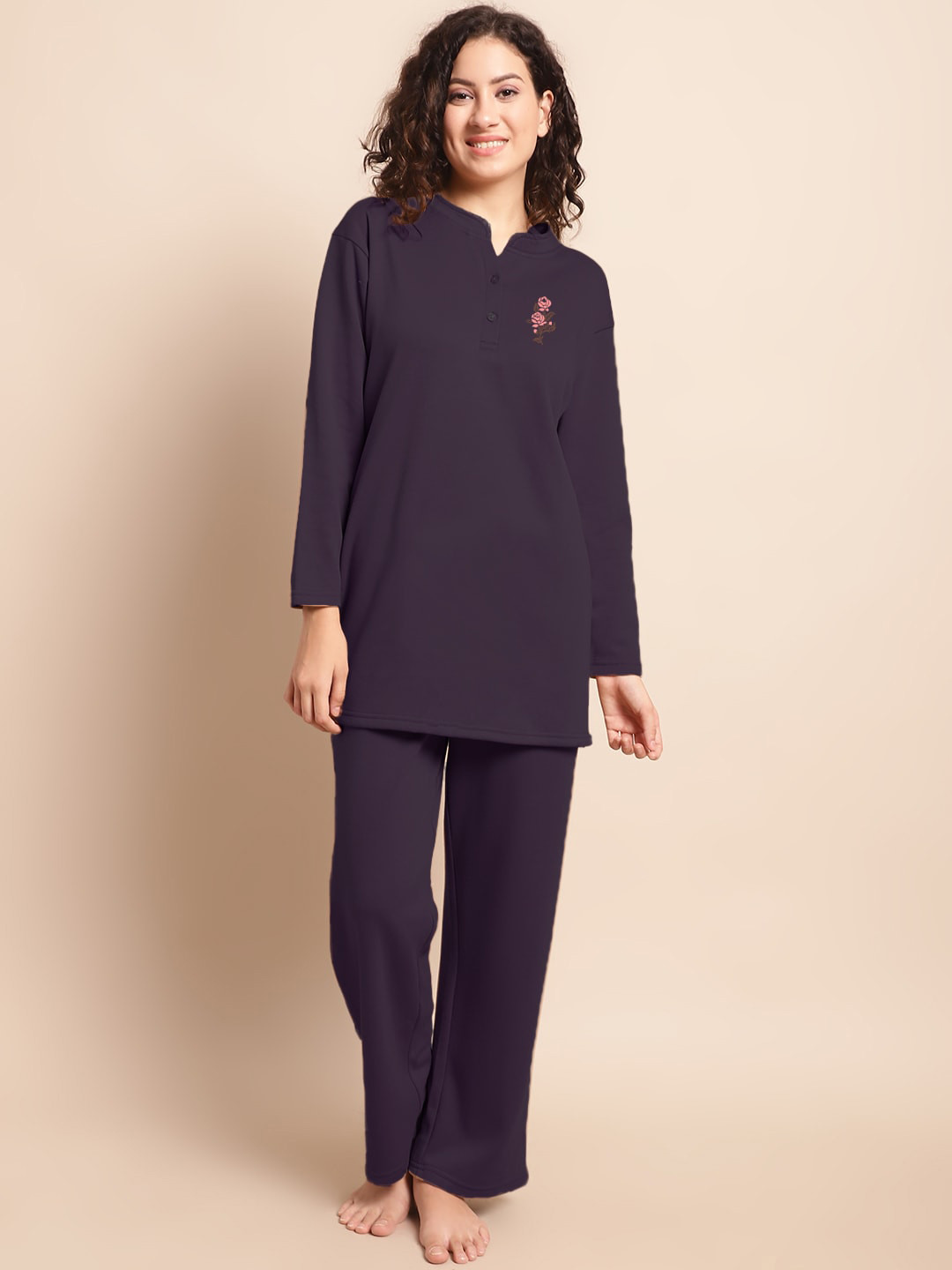 

Aerowarm Floral Printed Mandarin Collar Kurti & Pyjamas, Purple