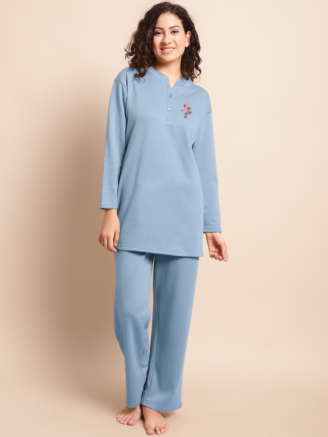 

Aerowarm Floral Printed Mandarin Collar Kurti & Pyjamas, Blue