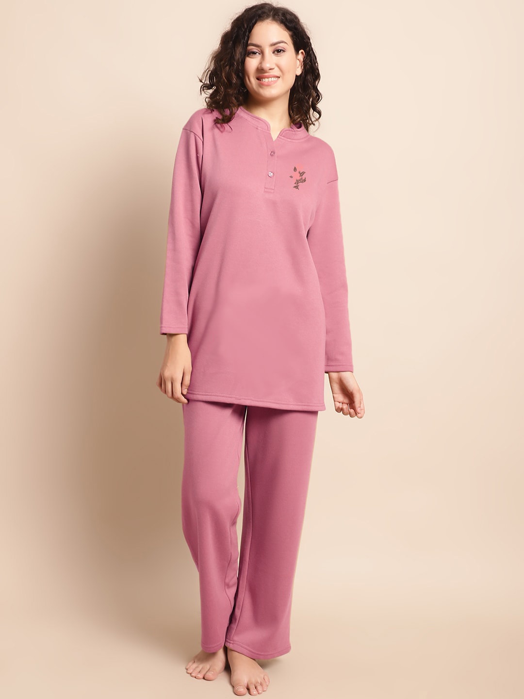 

Aerowarm Floral Printed Mandarin Collar Kurti & Pyjamas, Pink