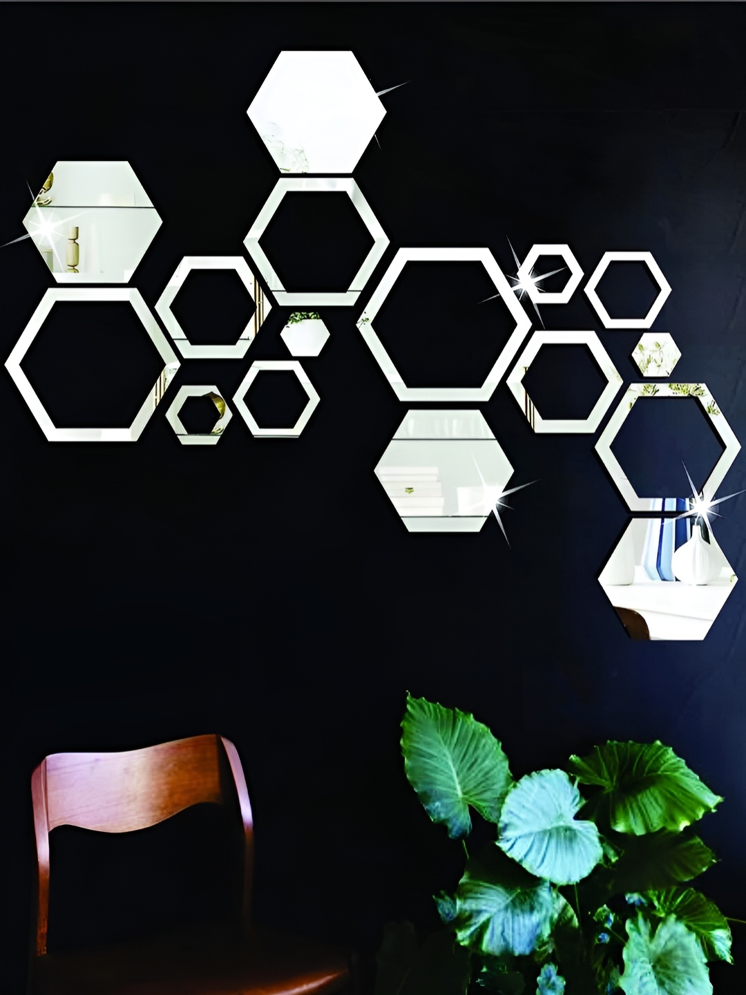 

Wall1ders 16 Pcs Metallic Toned Hexagon Mirror Wall Sticker, Silver