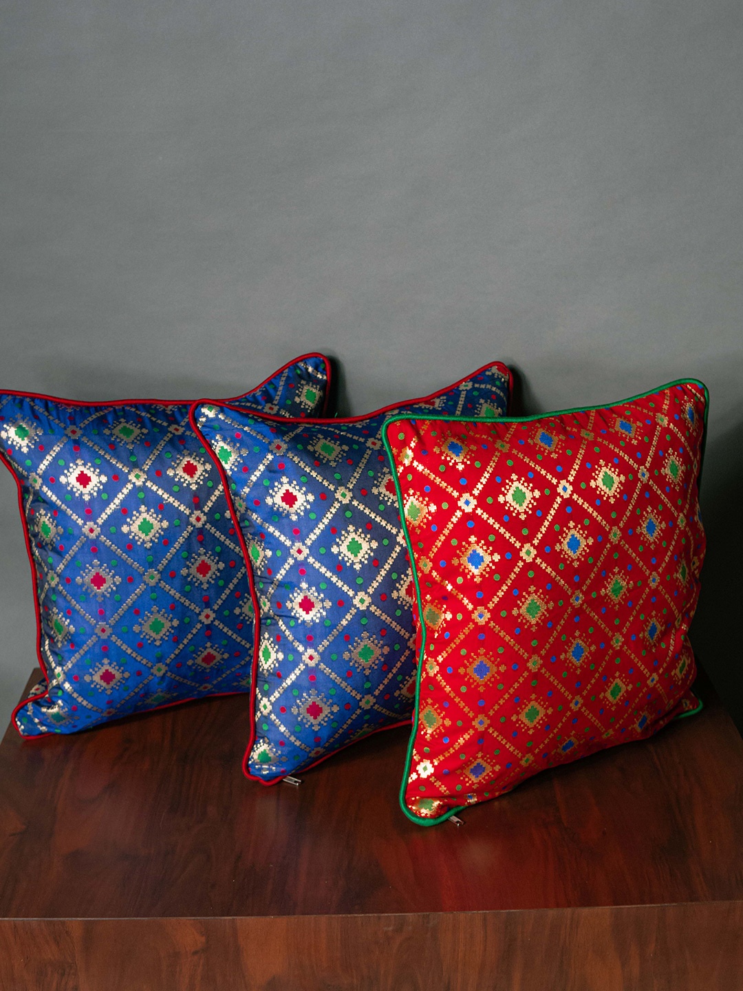 

RoyalDeco Blue & Red 3 Pieces Ethnic Motifs Square Cushion Covers