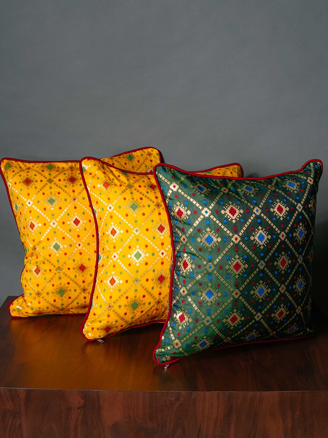 

RoyalDeco Yellow & Green 3 Pcs Ehinic Motifs Brocade Square cushion Covers