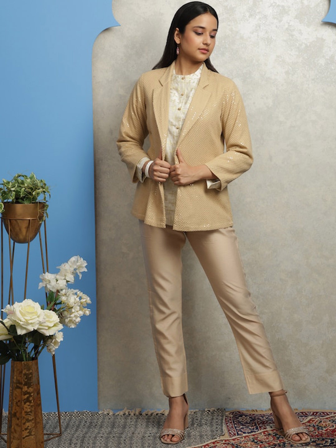 

SMRITI GUPTA Self Design Embroidered Cotton Open Front Jacket, Beige