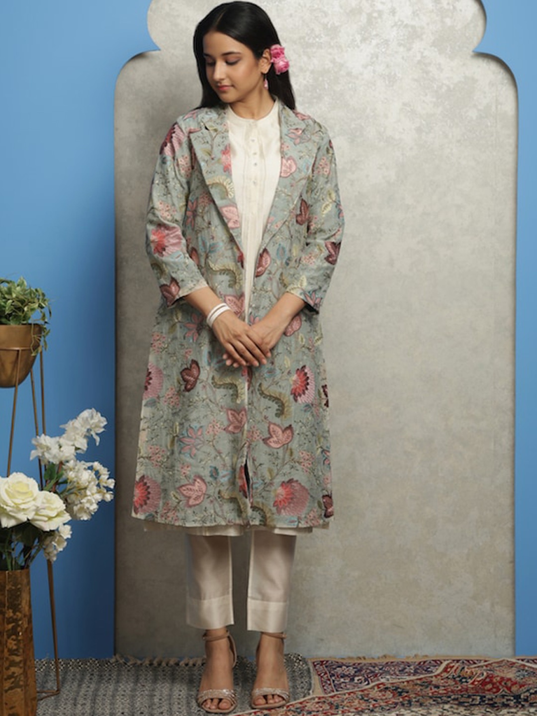 

SMRITI GUPTA Ethnic Motifs Printed Lapel Collar Long Jacket, Grey