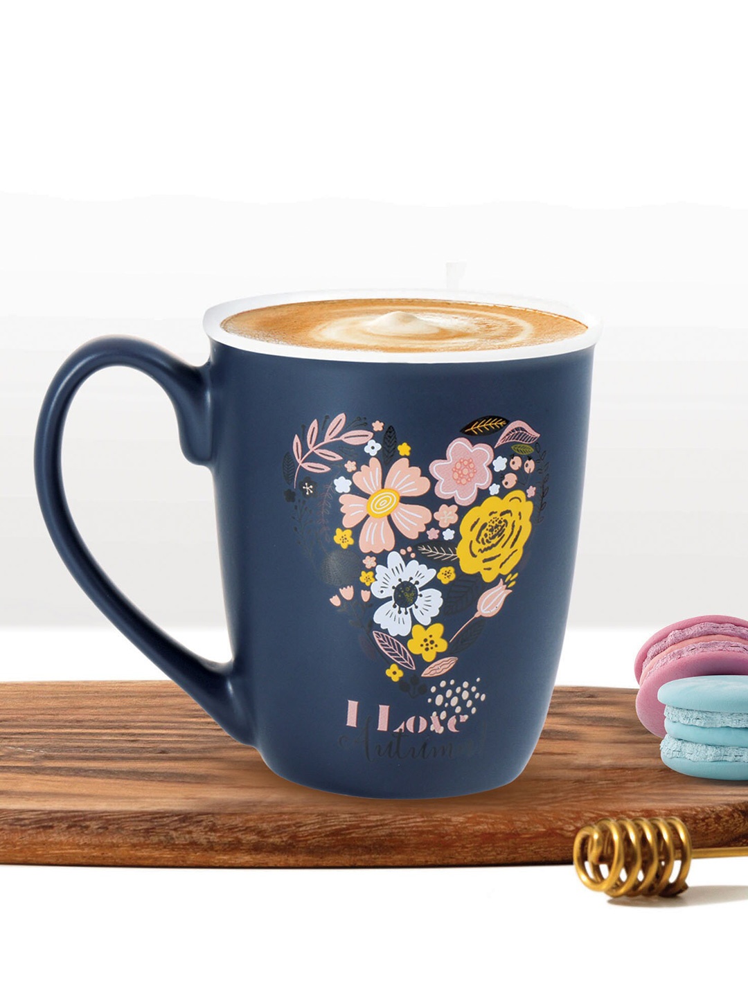 Treo Blue Matte Anthos Ceramic Floral Printed Mugs 380 ml