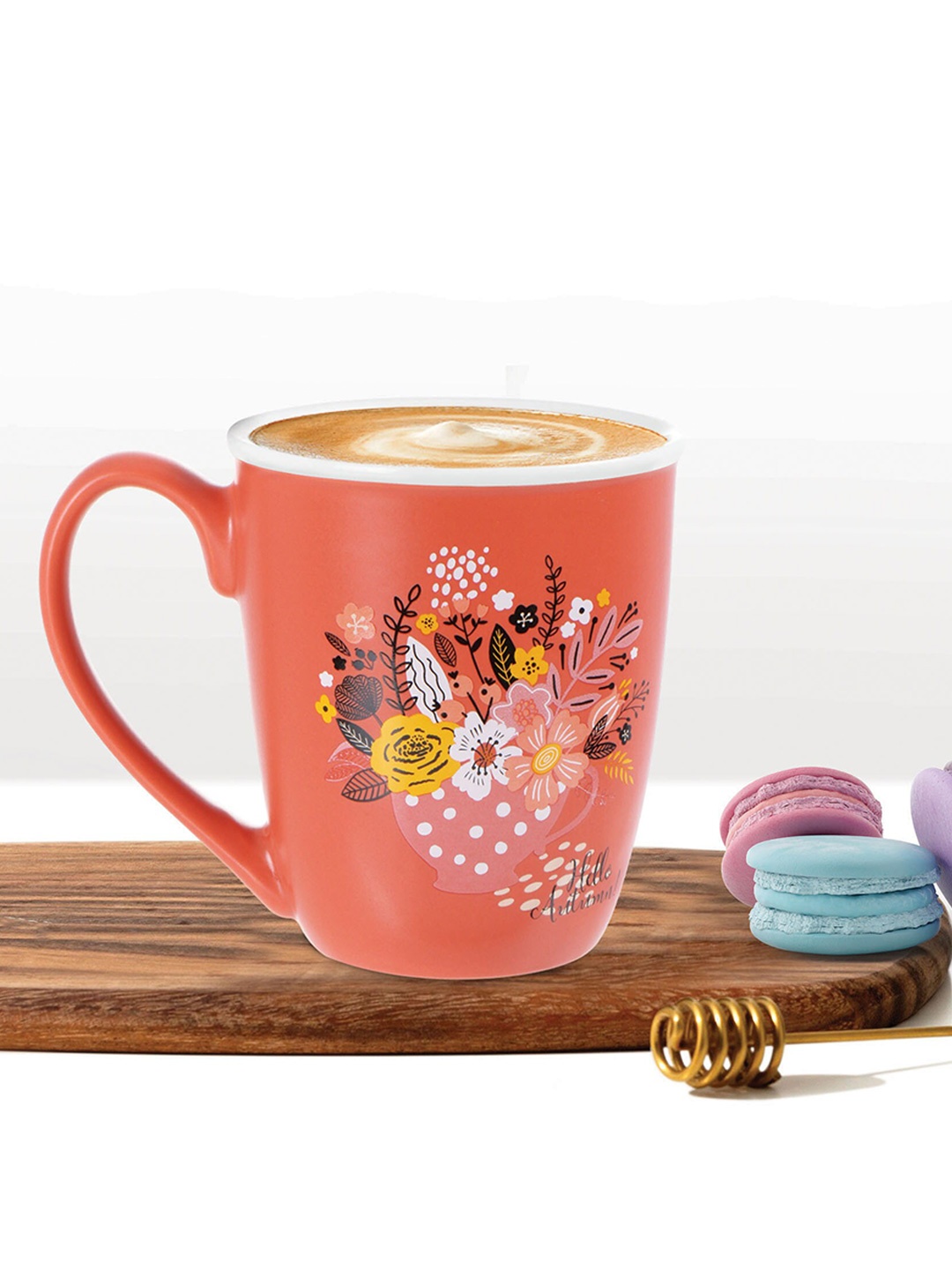 Treo Orange Matte Anthos Ceramic Floral Printed Mugs 380 ml Each