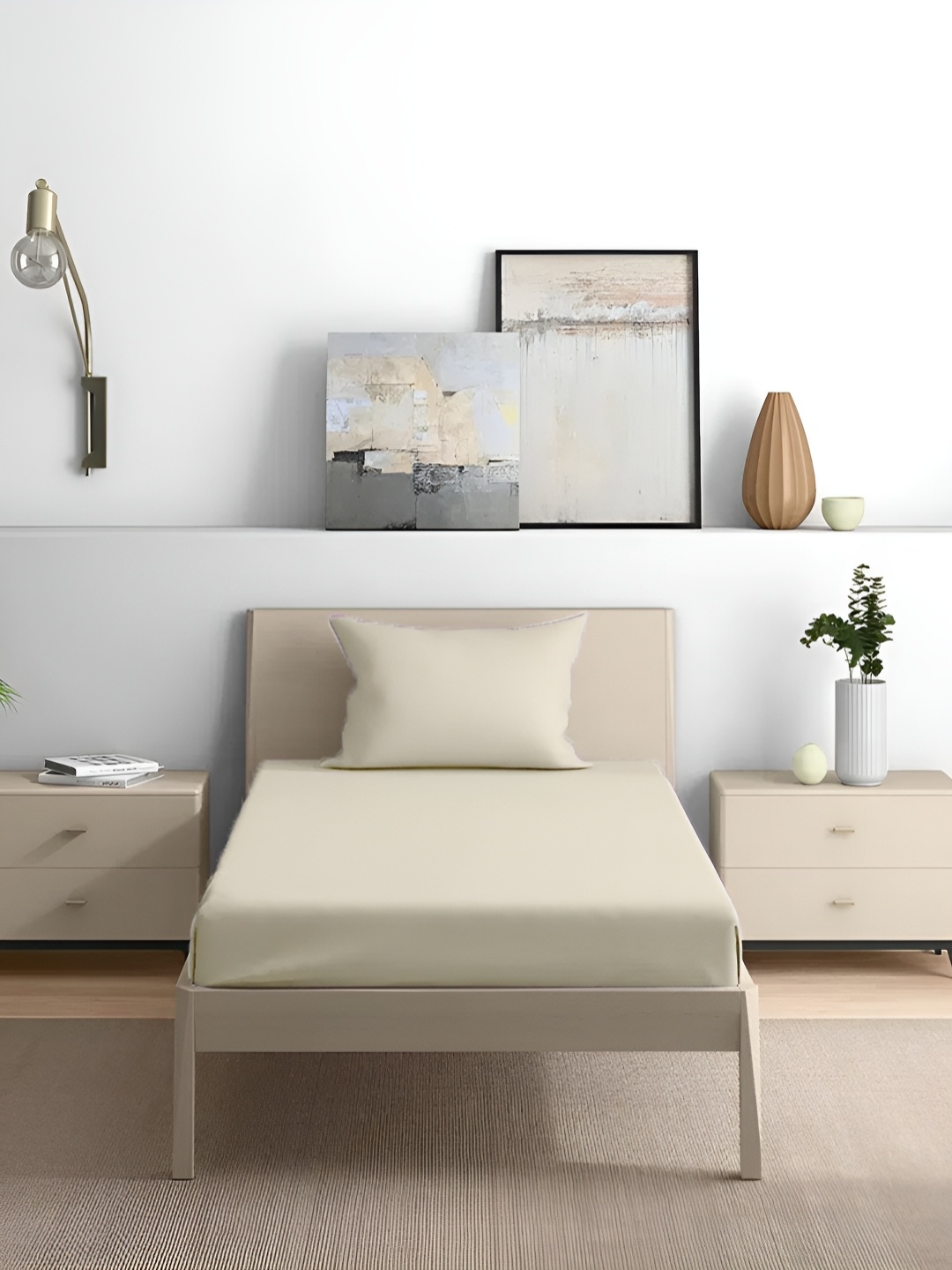 

House of Owlet Beige Cotton 210 TC Single Bedsheet with 1 Pillow Cover