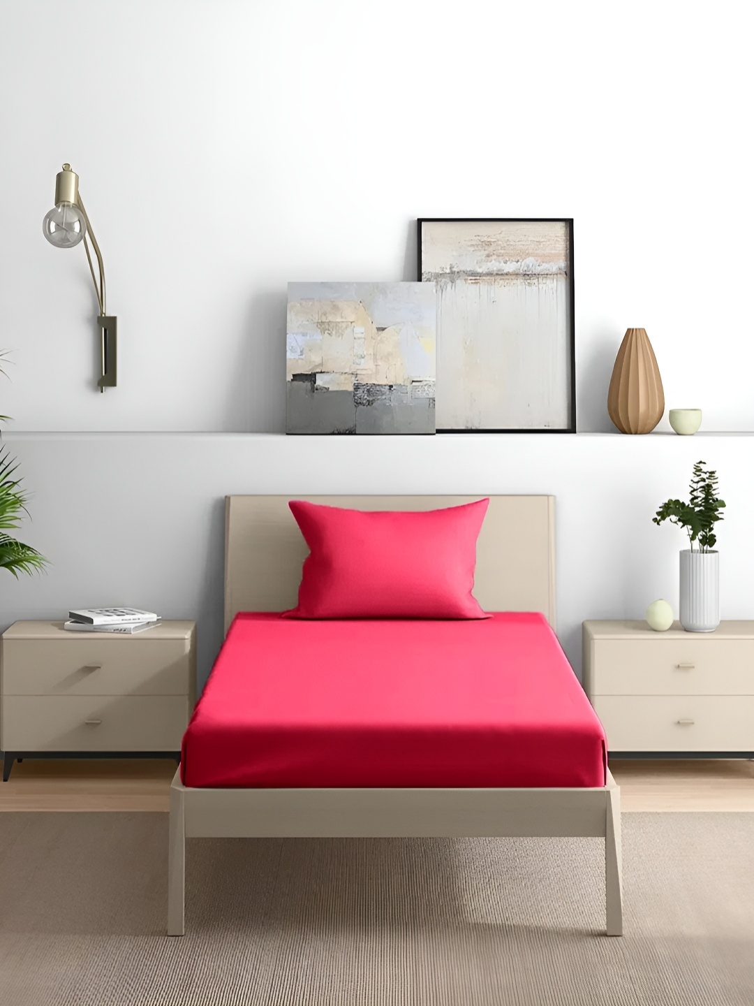 

House of Owlet Red Cotton 210 TC Single Bedsheet With 1 Pillow Cover