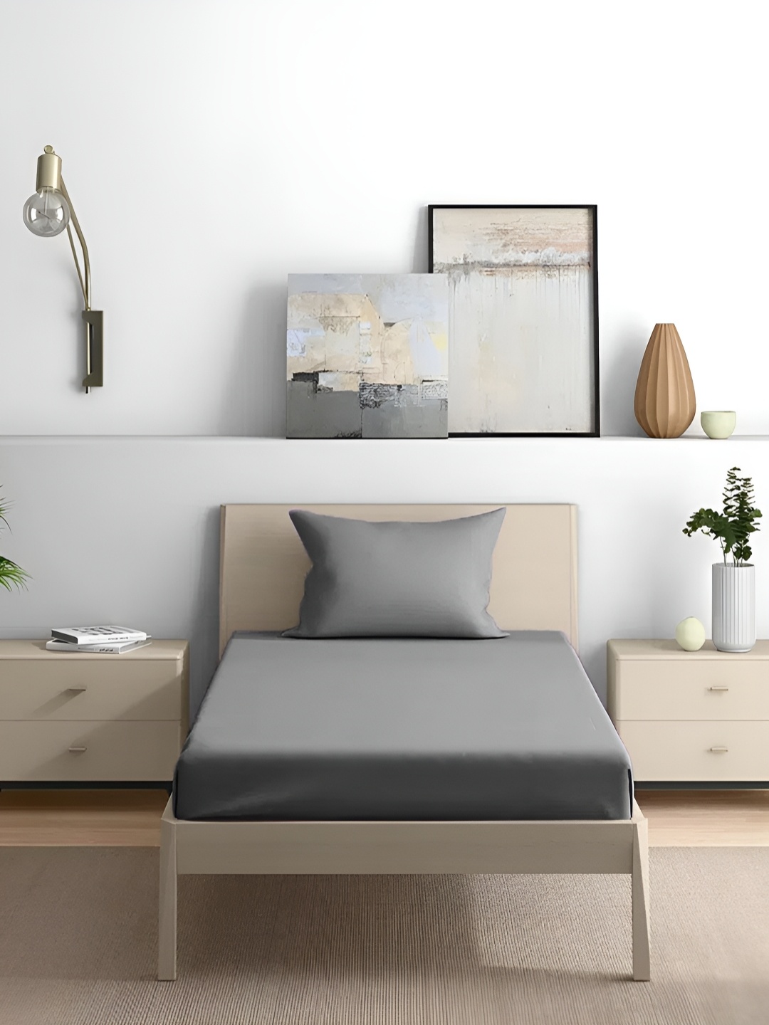

House of Owlet Grey Melange Solid Pure Cotton 210 TC Single Bedsheet with 1 Pillow Cover