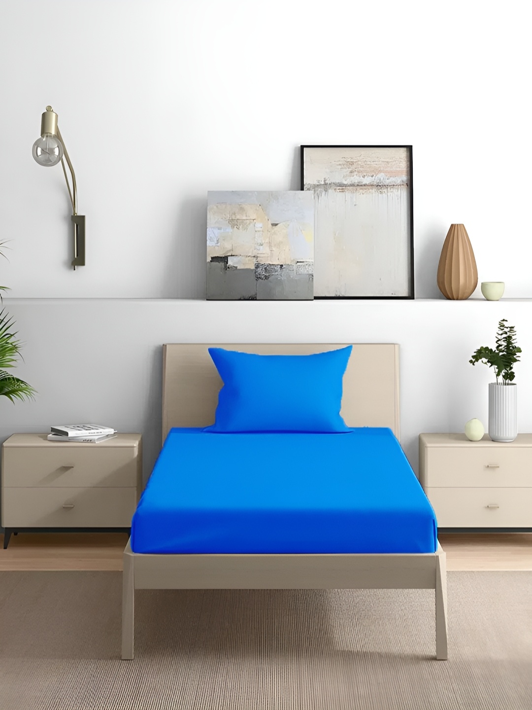

House of Owlet Turquoise Blue Cotton 210 TC Single Bedsheet With 1 Pillow Cover