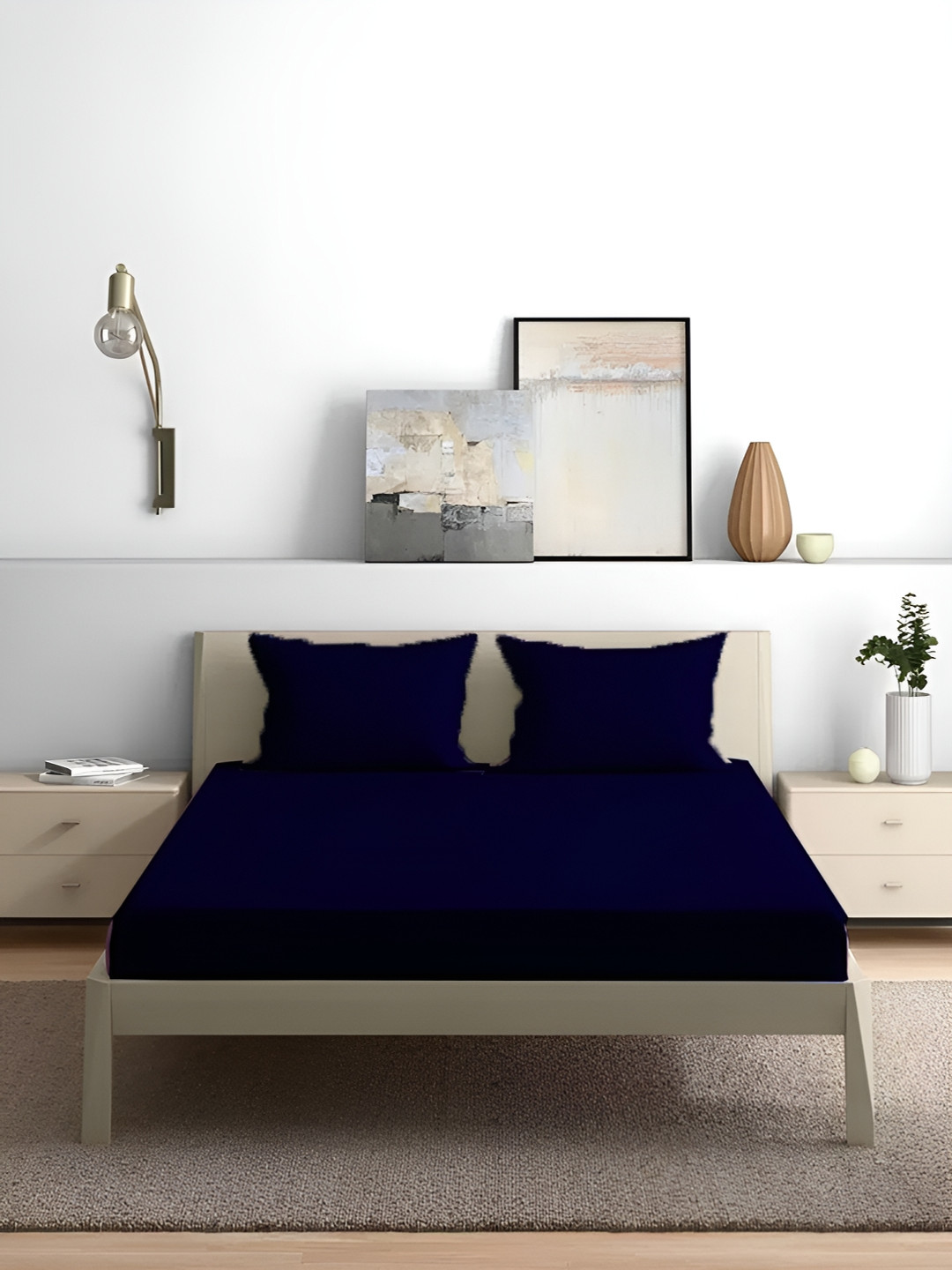 

House of Owlet Navy Blue Solid Pure Cotton 210 TC King Bedsheet with 2 Pillow Covers