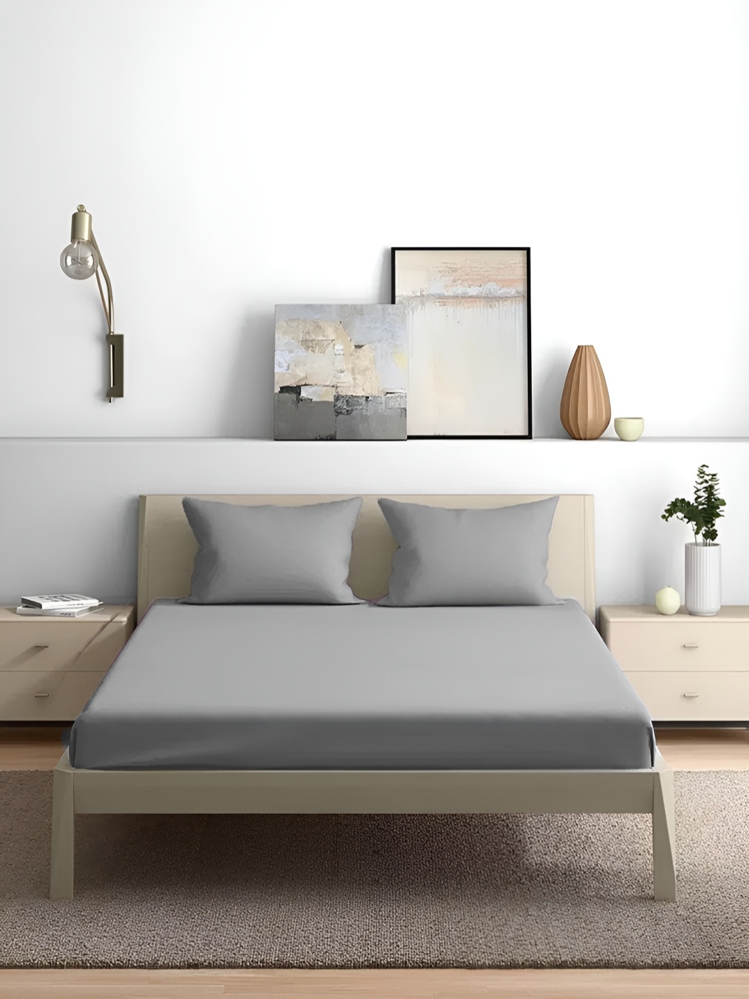 

House of Owlet Grey Solid Pure Cotton 210 TC King Bedsheet with 2 Pillow Covers