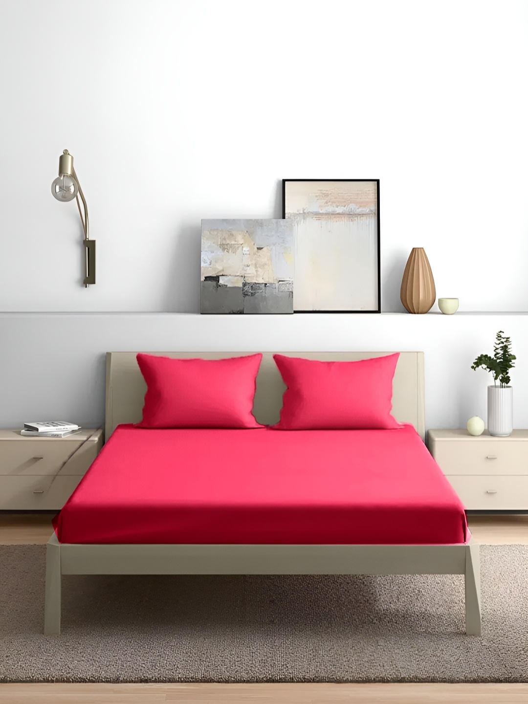 

House of Owlet Red Cotton 210 TC King Bedsheet With 2 Pillow Covers