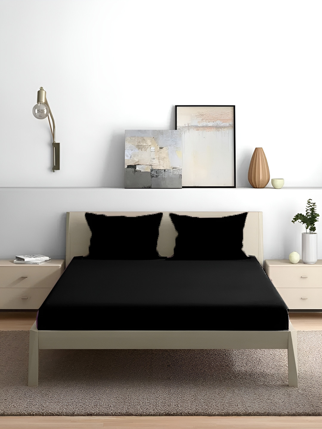 

House of Owlet Black Cotton 210 TC King Bedsheet With 2 Pillow Covers