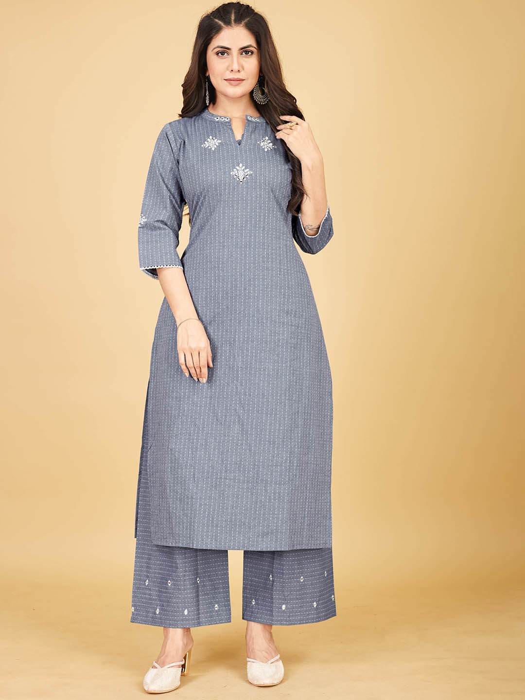 

STYLE SAMSARA Striped Mandarin Collar Mirror Work Organic Dobby Cotton Straight Kurta Set, Blue