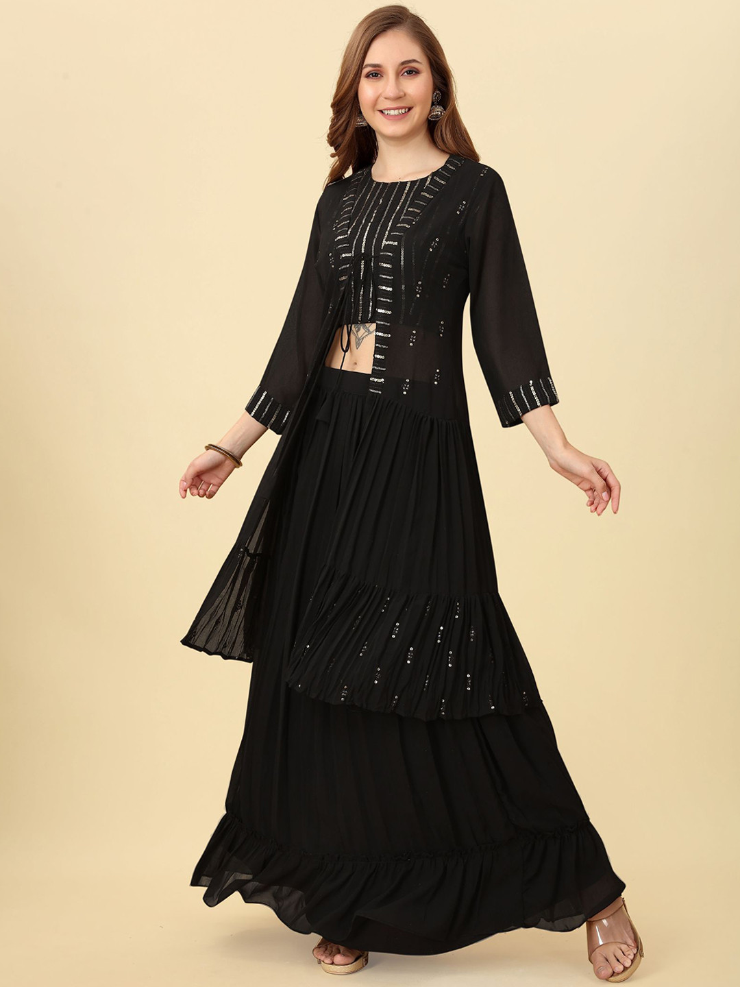 

KALINI Embroidered Round Neck Sleeveless Crop Top With Skirt & Shrug, Black