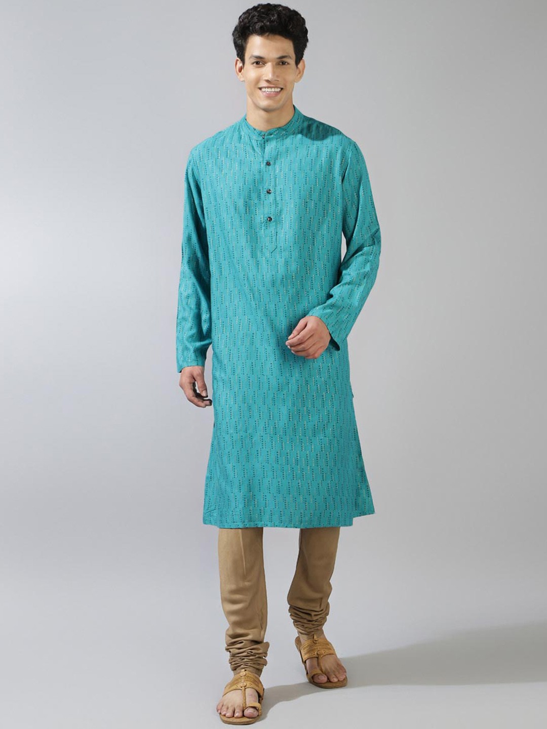 

Fabindia Geometric Printed Band Collar Long Sleeve Viscose Silk Straight Kurta, Teal