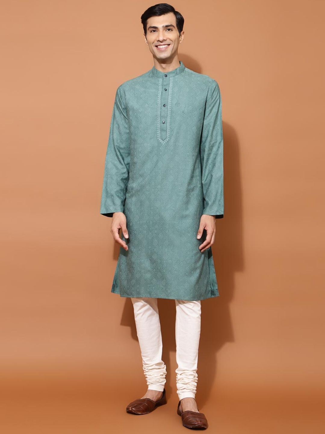 

Fabindia Geometric Printed Band Collar Slim Fit Kurta, Teal