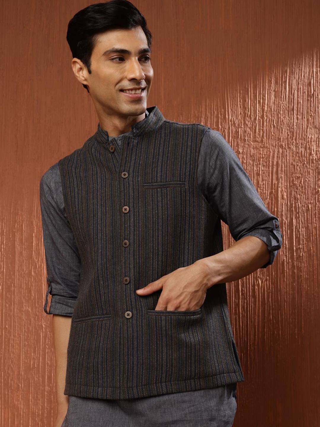 

Fabindia Woven-Design Woolen Nehru Jacket, Blue