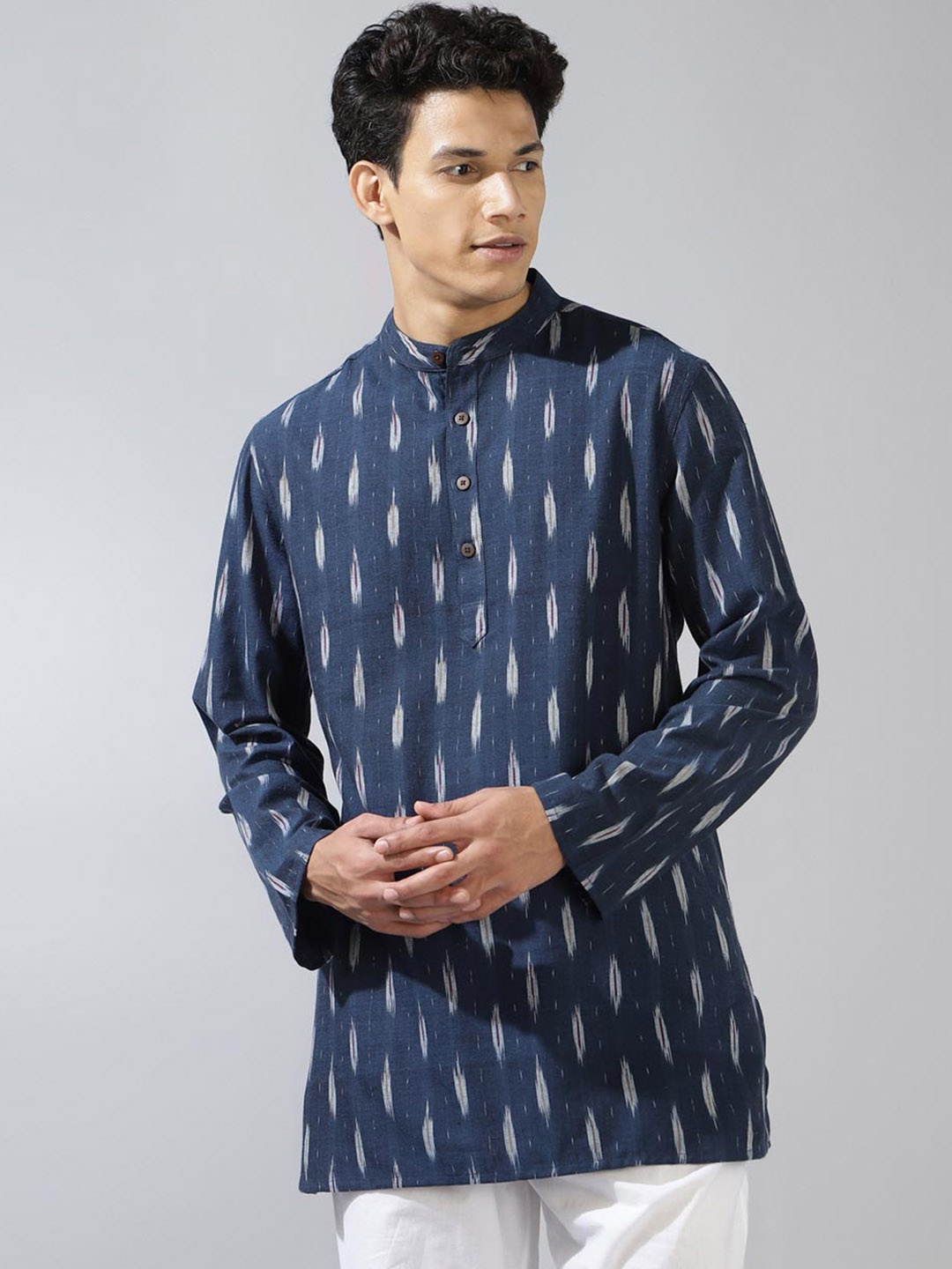 

Fabindia Ethnic Motifs Self Designed Band Collar Straight Kurta, Blue