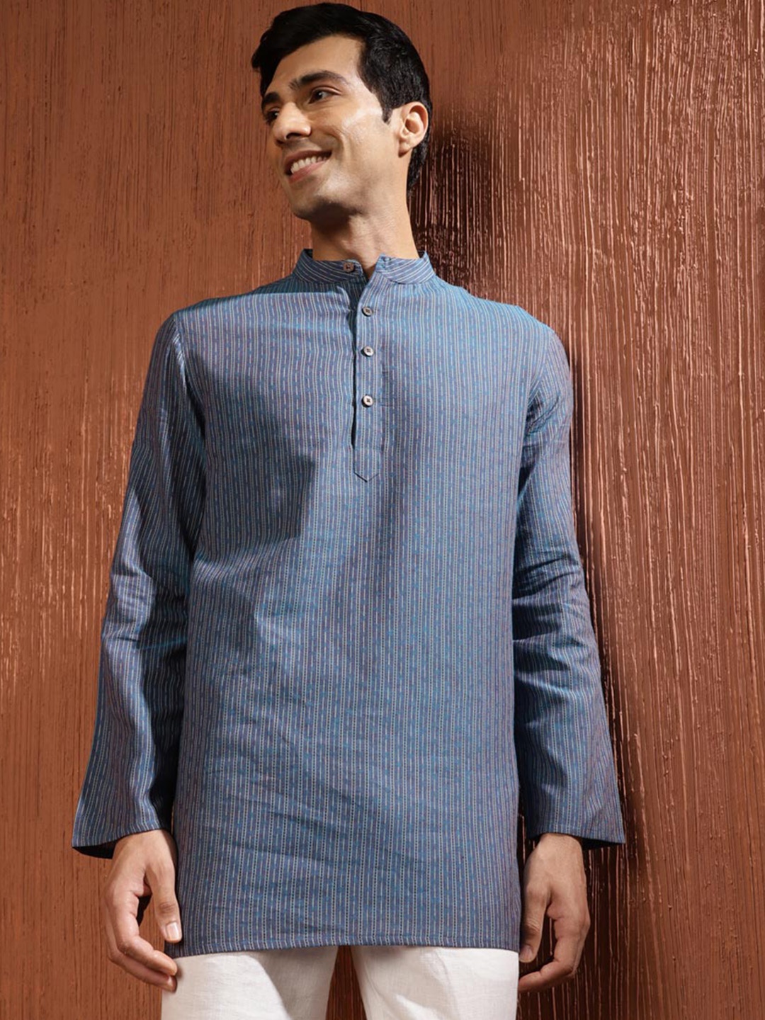 

Fabindia Striped Cotton Band Collar Dobby Kurta, Blue