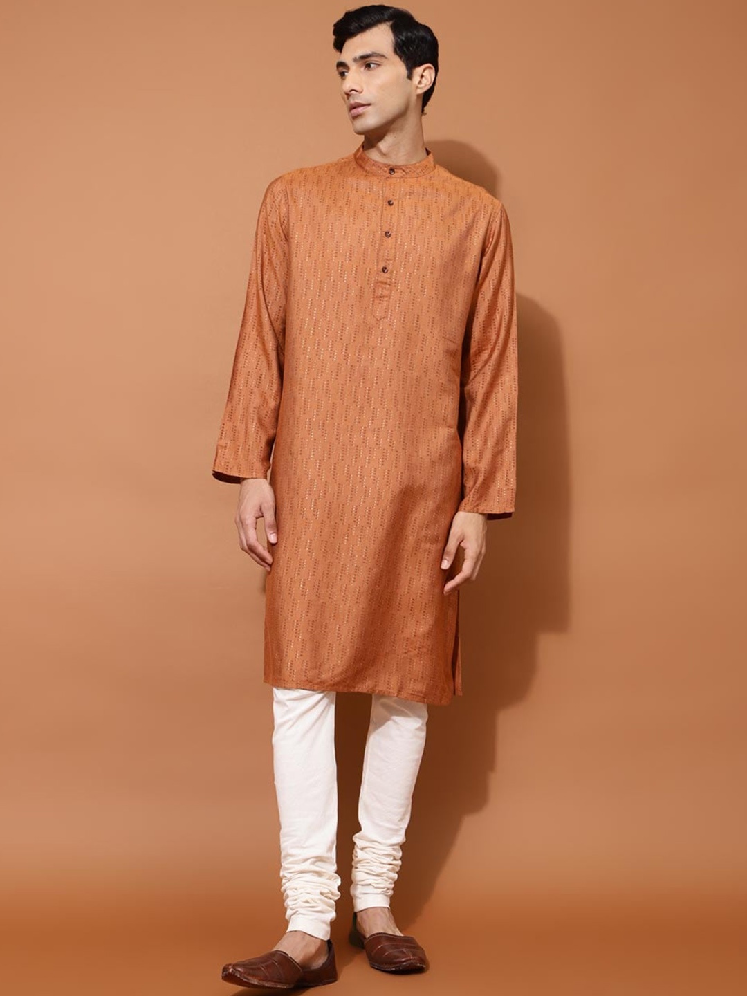 

Fabindia Geometric Printed Band Collar Straight Kurta, Brown