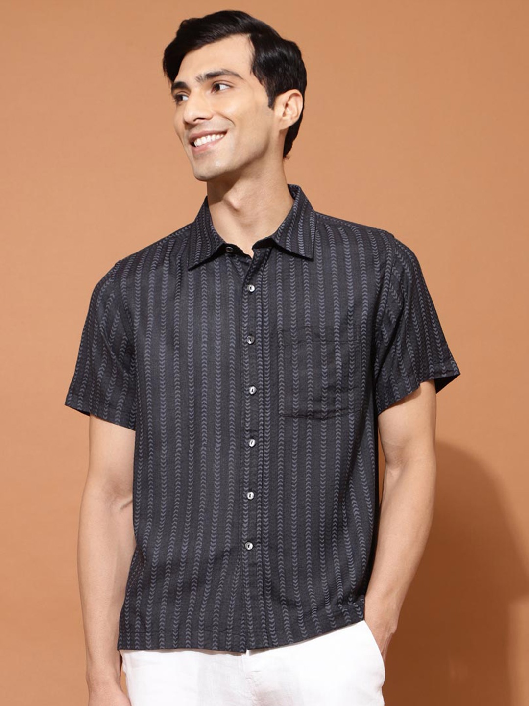 

Fabindia Striped Short Sleeves Shirt, Black