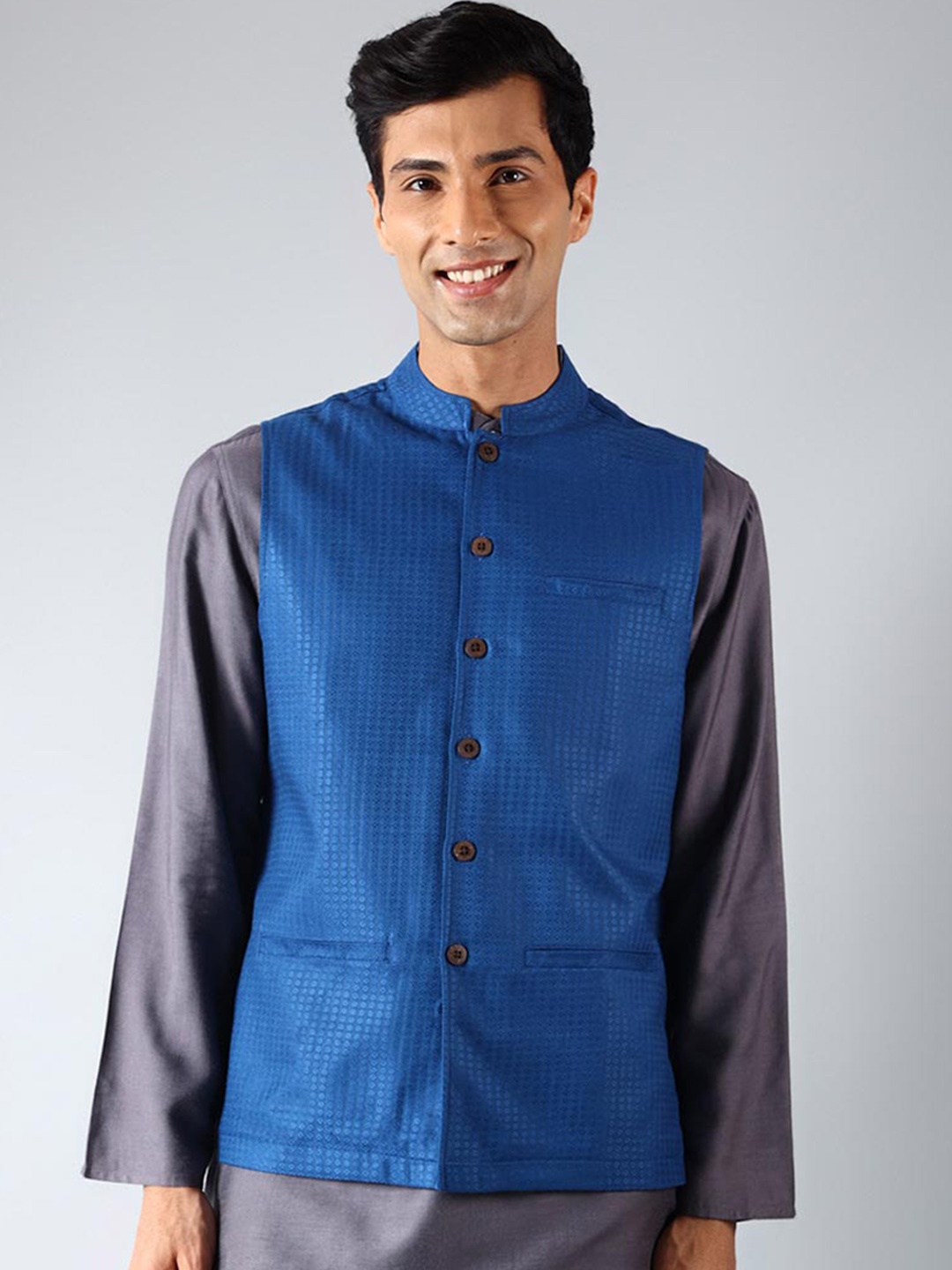 

Fabindia Woven-Design Nehru Jacket, Blue
