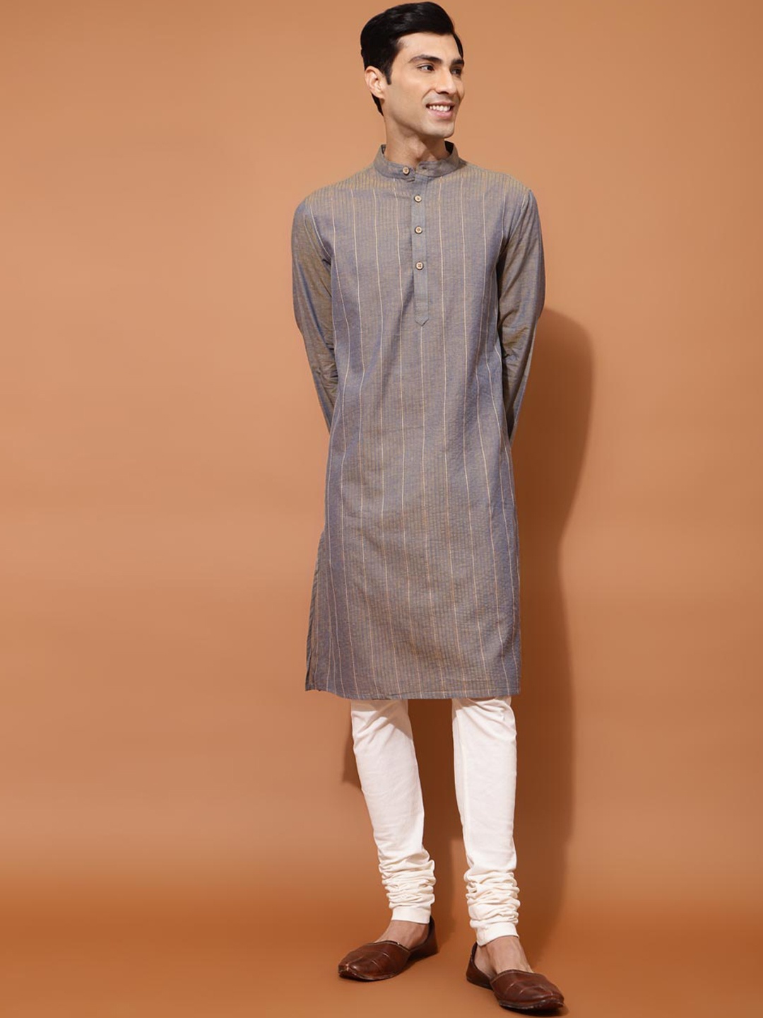 

Fabindia Striped Mandarin Collar Cotton Kurta, Blue