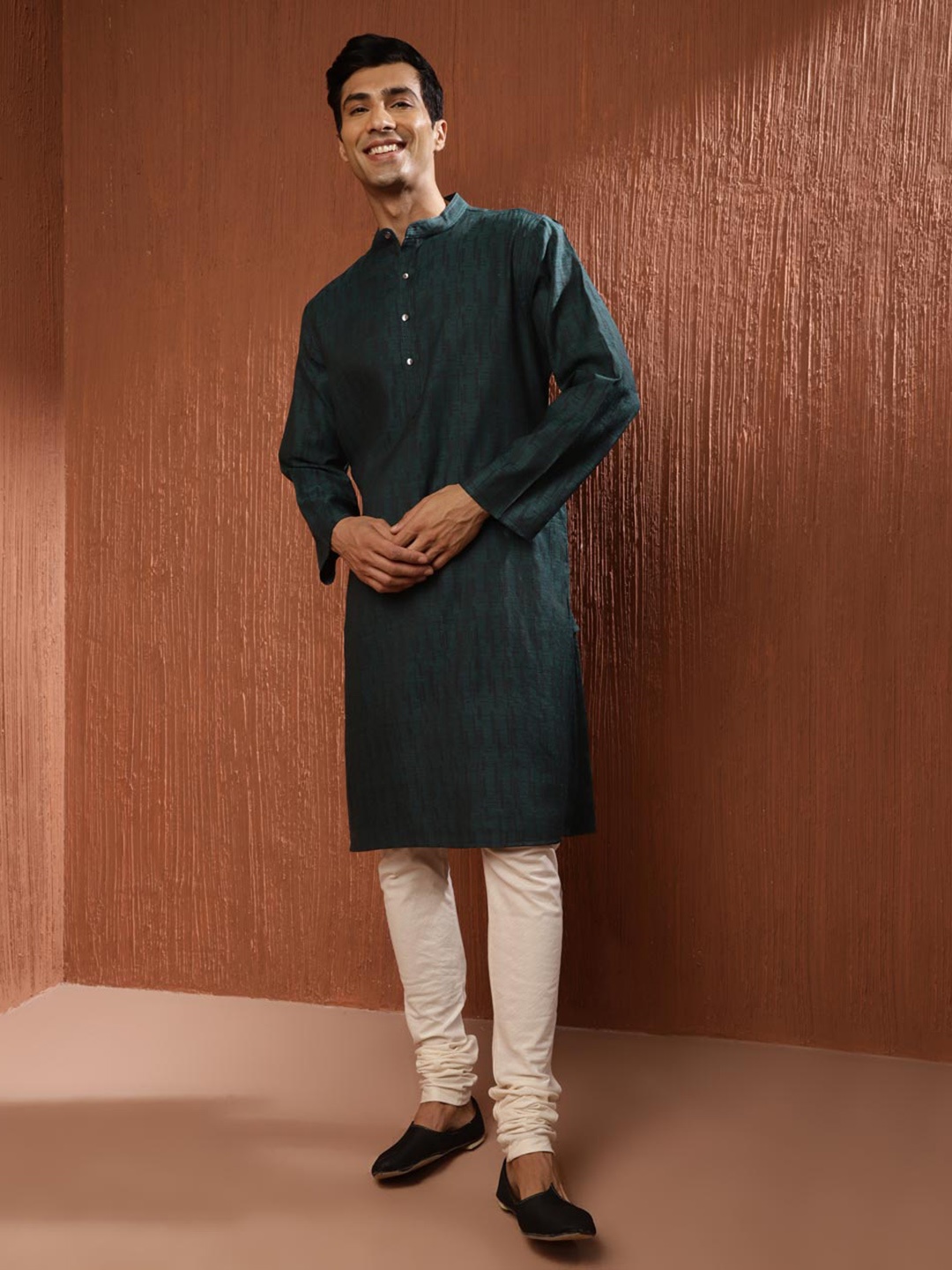 

Fabindia Geometric Woven Design Band Collar Woollen Kurta, Teal