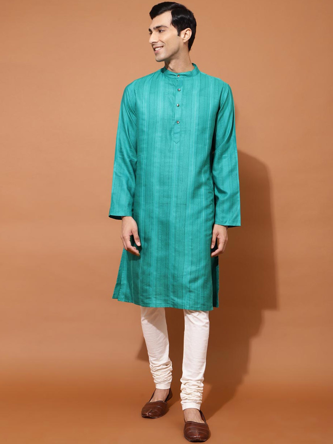 

Fabindia Striped Band Collar Straight Kurta, Teal