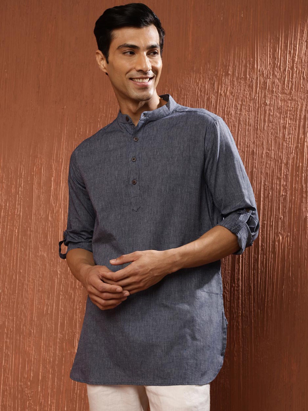 

Fabindia Band Collar Cotton Straight Kurta, Navy blue