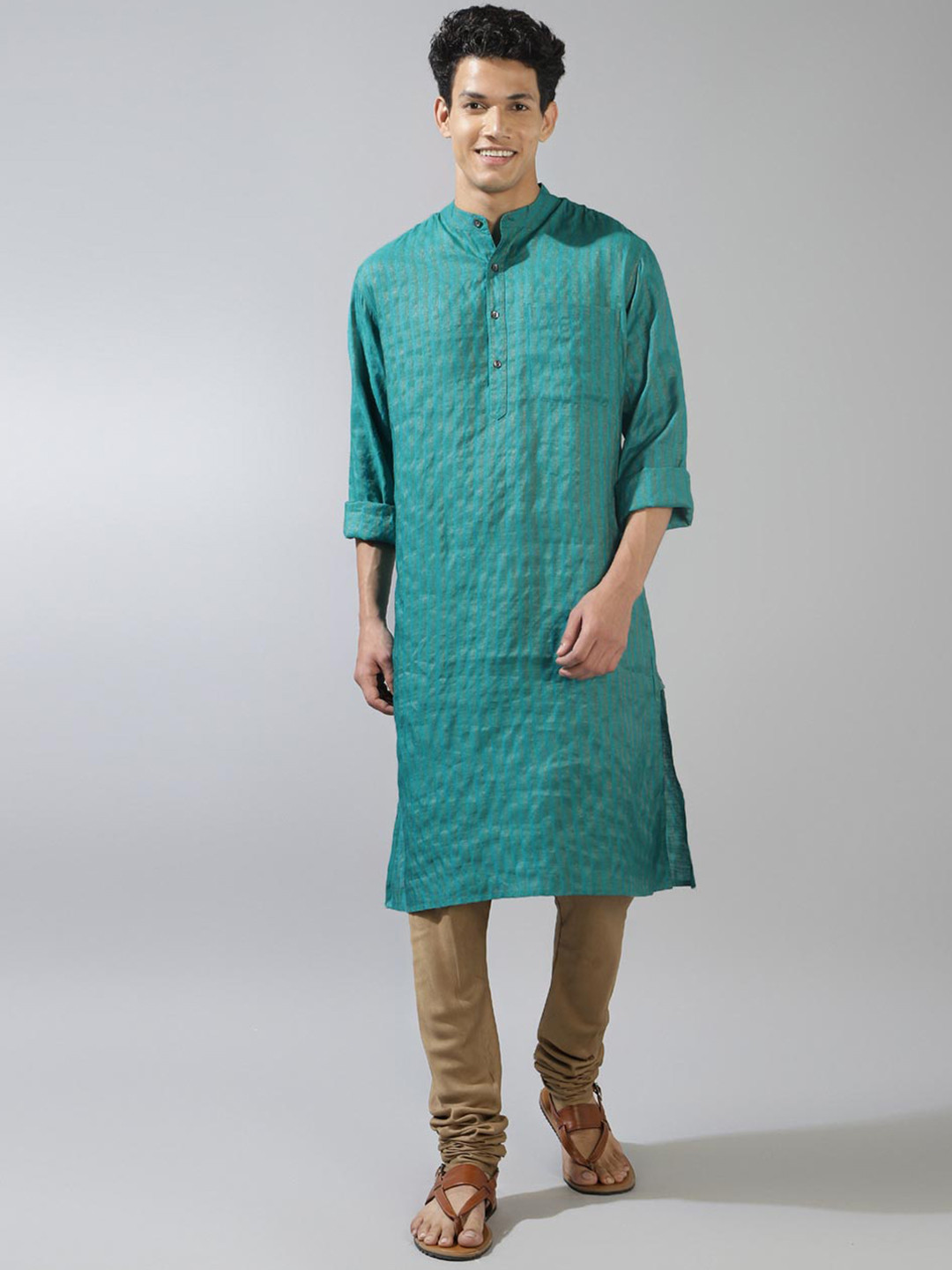 

Fabindia Striped Band Collar Straight Kurta, Teal