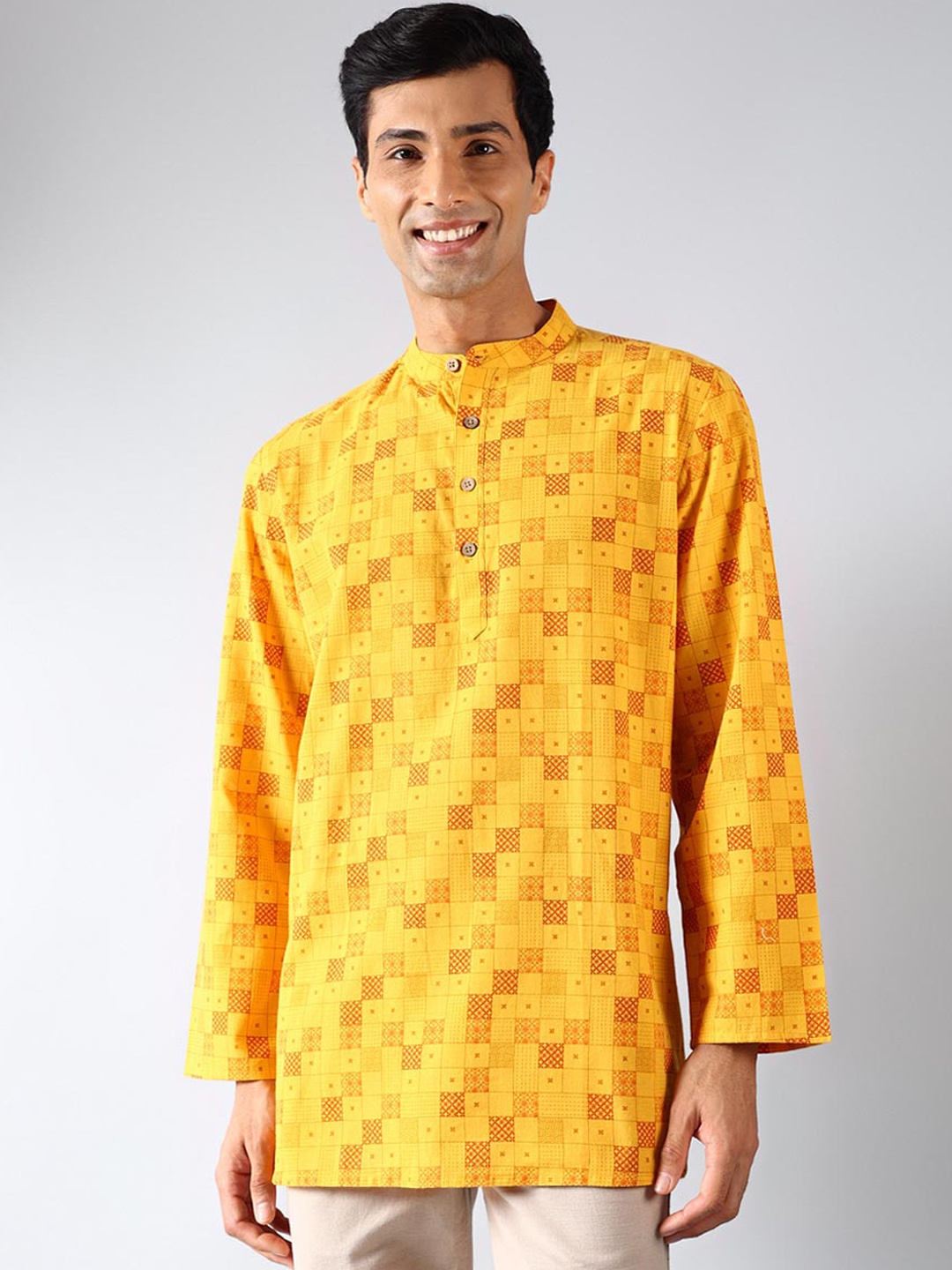 

Fabindia Geometric Printed Band Collar Cotton Straight Kurta, Yellow