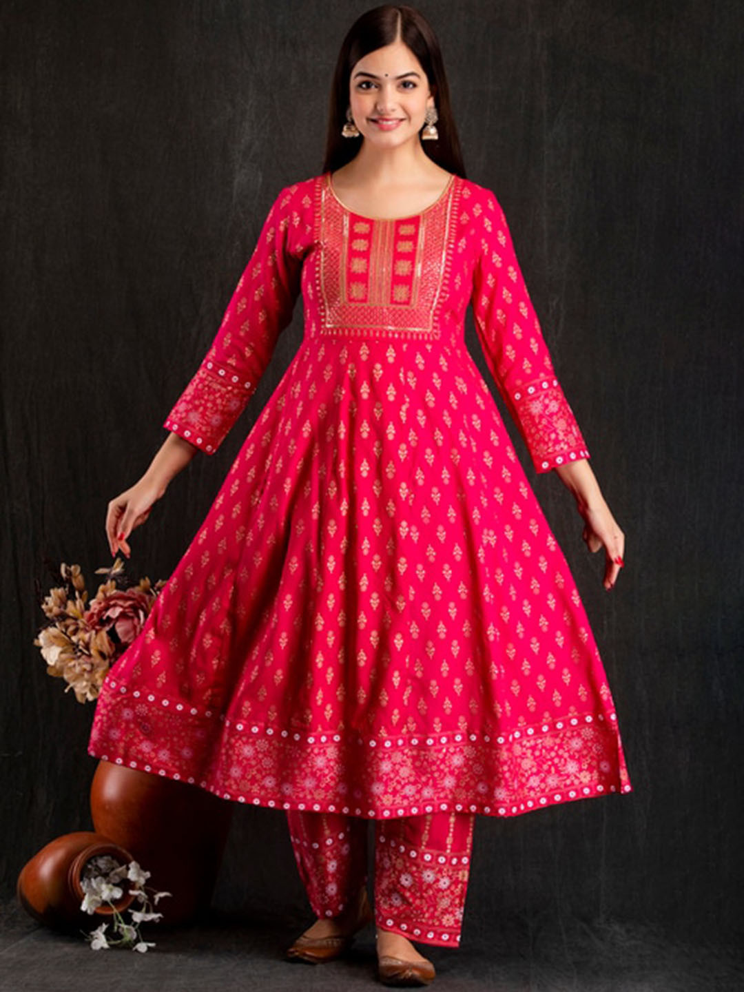

STYLUM FAB Ethnic Motifs Embroidered Sequinned Anarkali Kurta With Trousers & Dupatta, Pink