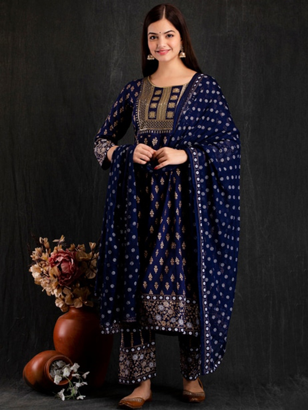 

STYLUM FAB Women Navy Blue Floral Embroidered Regular Sequinned Kurta with Trousers & With Dupatta
