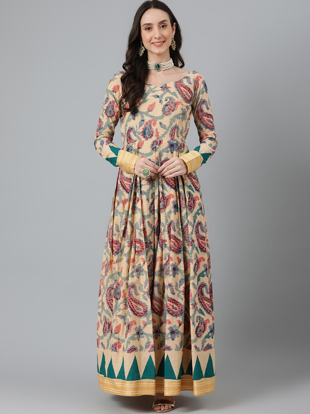 

Vinya Printed Paisley Cotton Fit & Flare Maxi Dress, Beige
